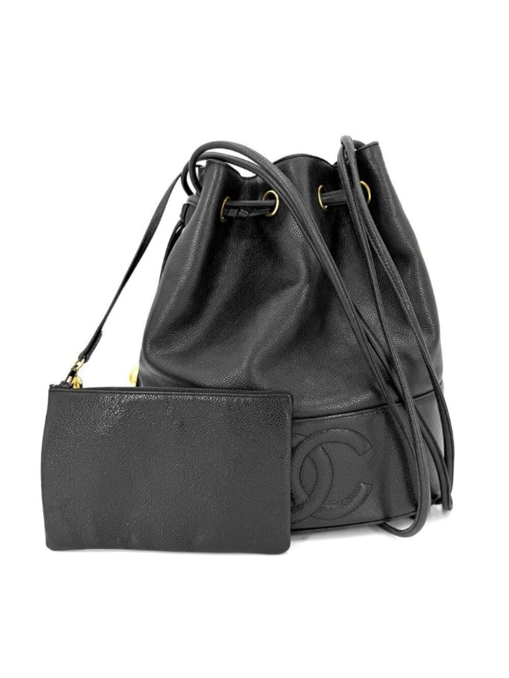 Chanel Handbag CC Logo Drawstring Bag Coco Charm Shoulder Caviar Leather Black